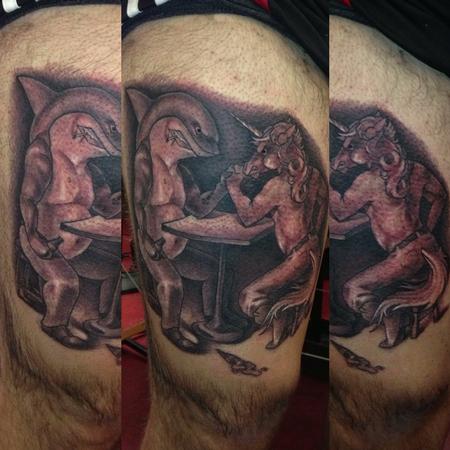 Tattoos - shark arm wrestling unicorn - 116210